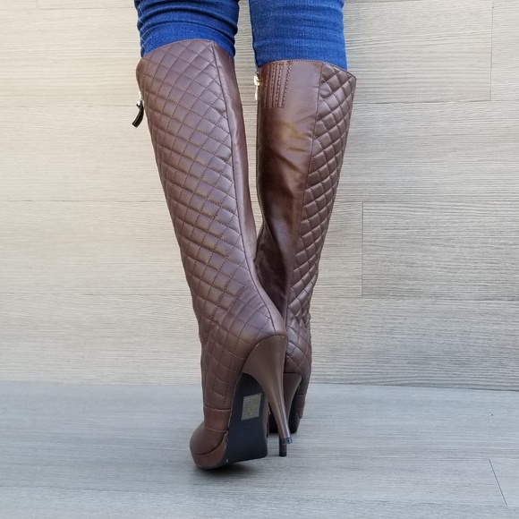 Knee High Heel Boots Brown Vegan Leather and fur - Picture 4 of 8